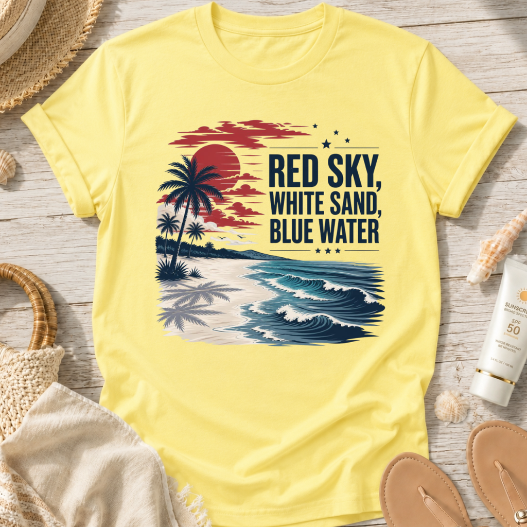 Red Sky, White Sand, Blue Water T-Shirt