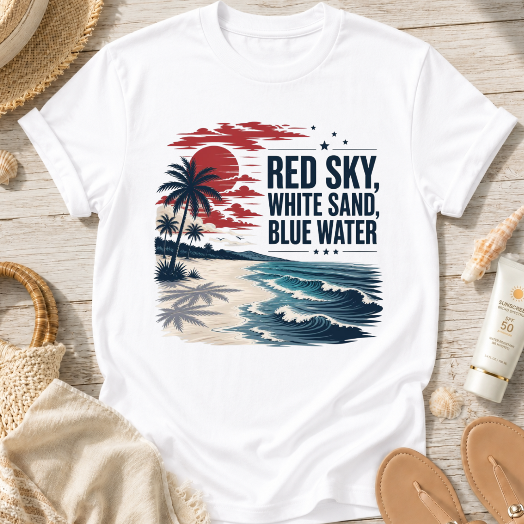 Red Sky, White Sand, Blue Water T-Shirt